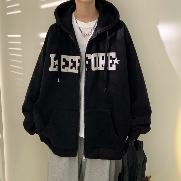 字母印花卫衣男宽松慵懒风oversize美式上衣春秋季连帽开衫外套潮