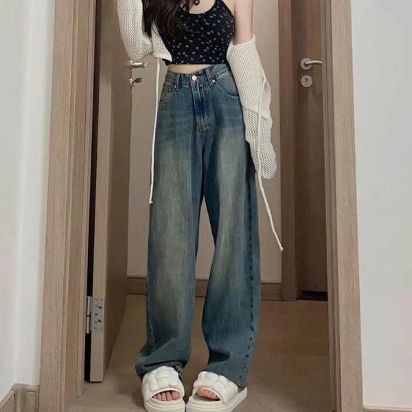 水洗复古阔腿牛仔裤女春秋新款韩系港风宽松高腰显瘦直筒拖地裤子